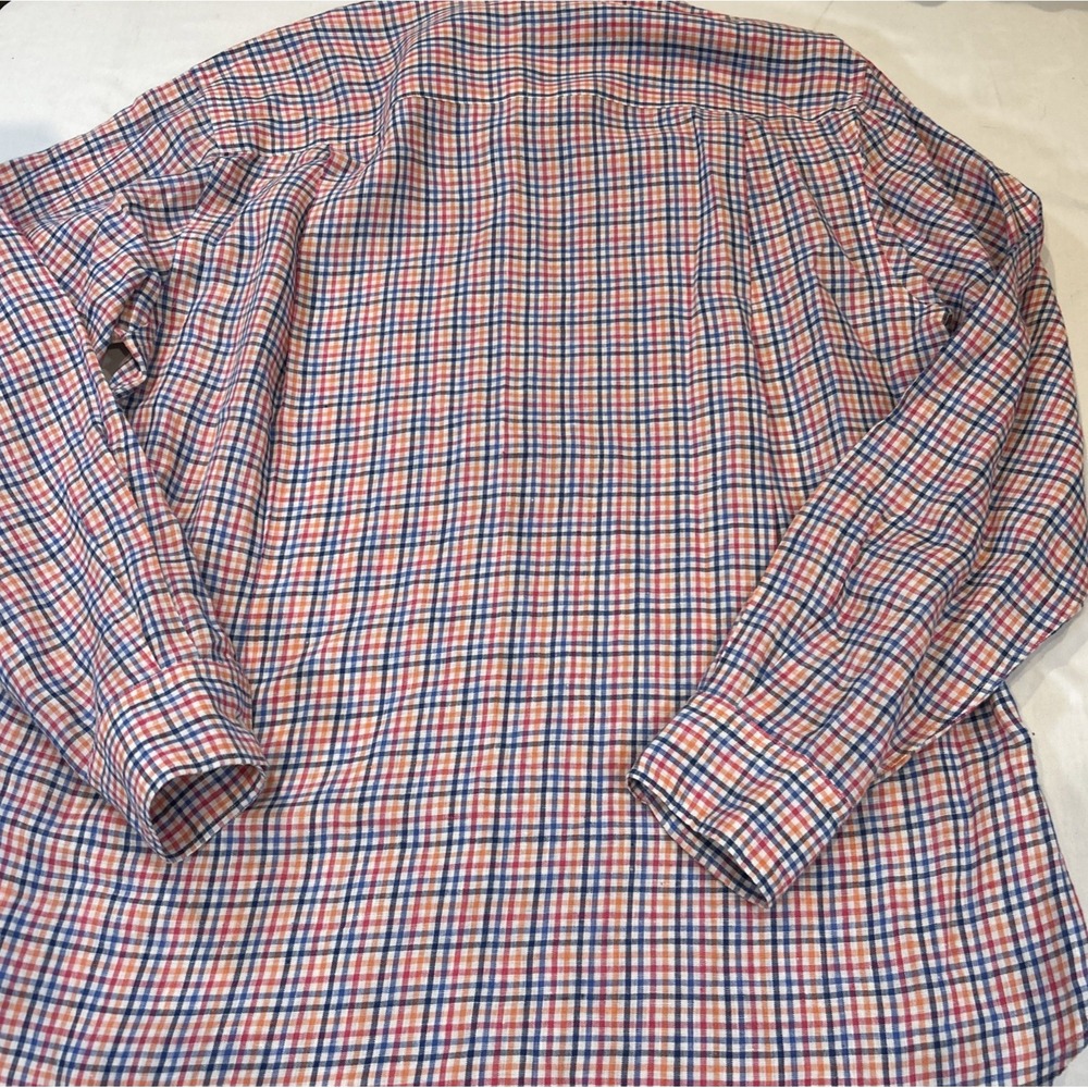 J. McLaughlin Men's Large Linen Blend Button Down Shirt Multi Color Plaid Preppy - Picture 7 of 7